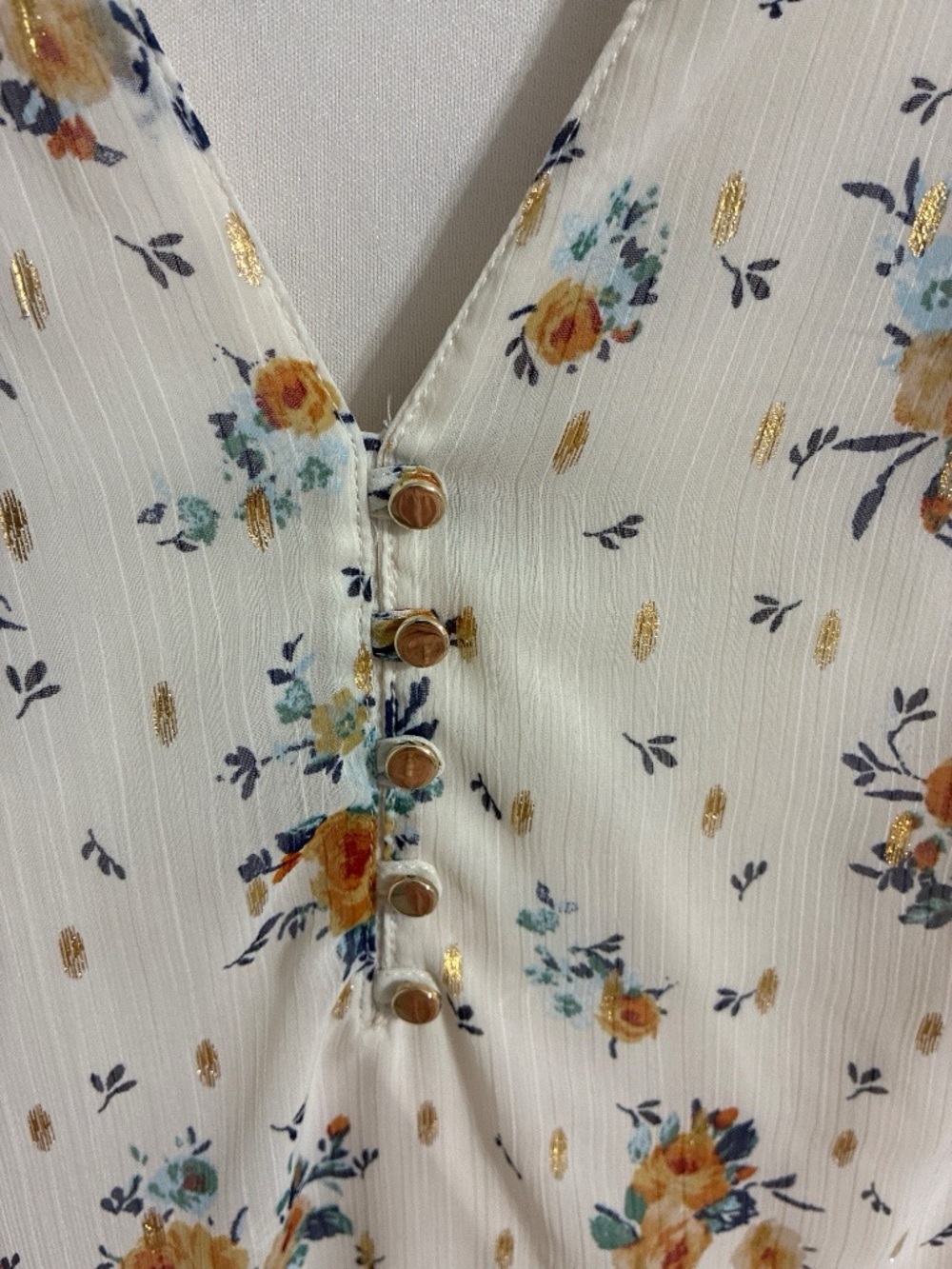 Sara Michelle Floral Metallic Gold Fleck Blouse S Cream Boho V-Neck 3/4 Sleeve - Picture 6 of 10